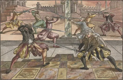 Joachim Meyer 1570, Ochs ve Pflug duruşlarını gösteren gravür plakası